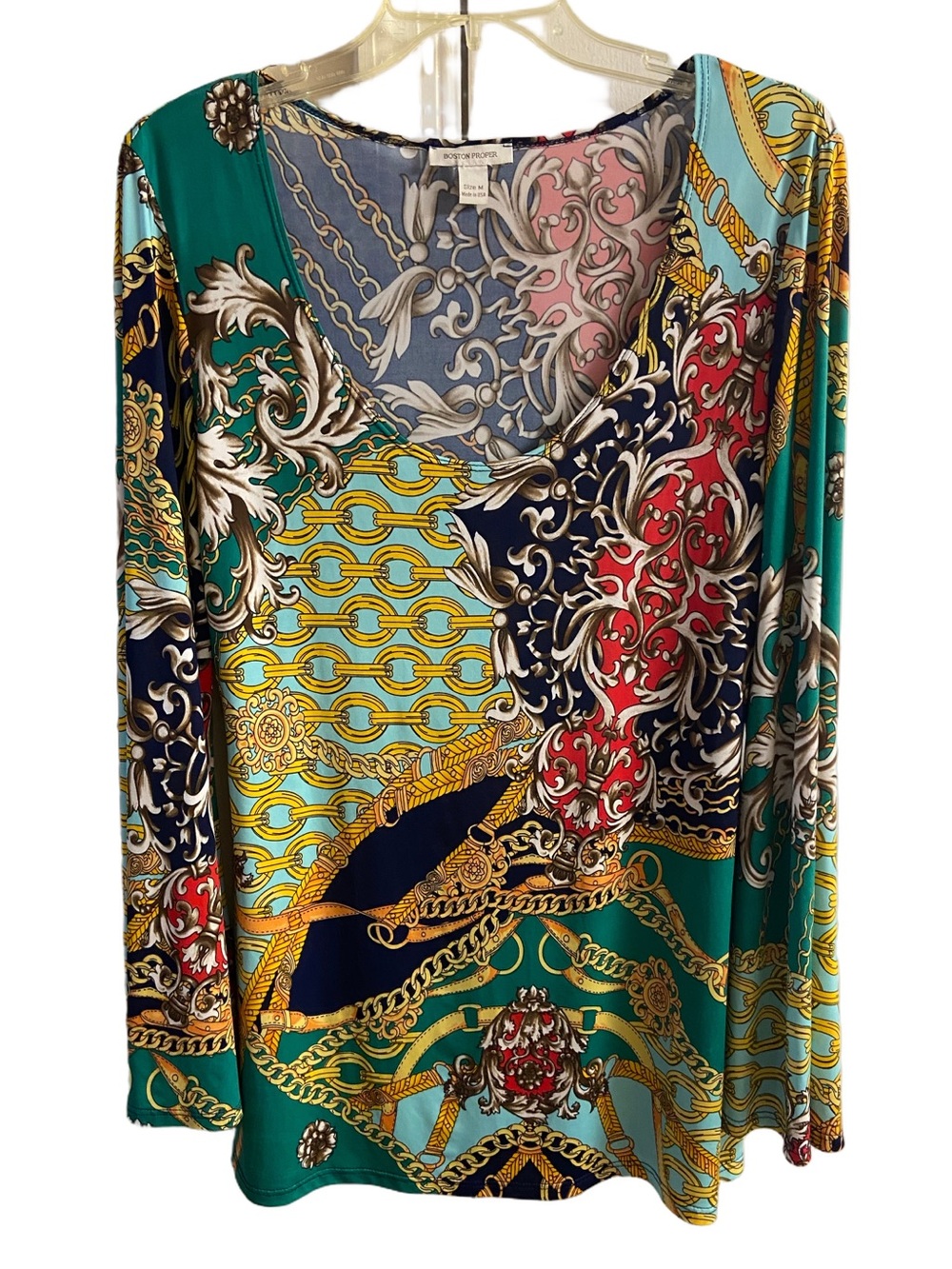 Boston Proper Baroque Chain Print Scoop Neck Long Sleeve Tunic Top Green Multi M
